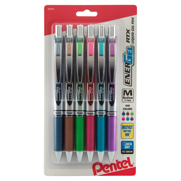 EnerGel RTX Retractable Liquid Gel Pen, (0.7mm) Metal Tip, Medium Line, Assorted Ink (CA/E/K/P/S3/V), 6-Pk