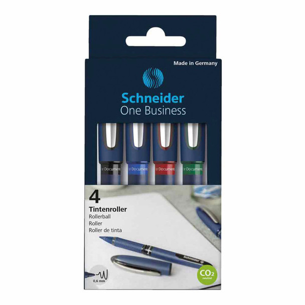 Schneider One Business Rollerball, 0.6 mm, 4-Piece Assortment (Black, Red, Blue, Green)