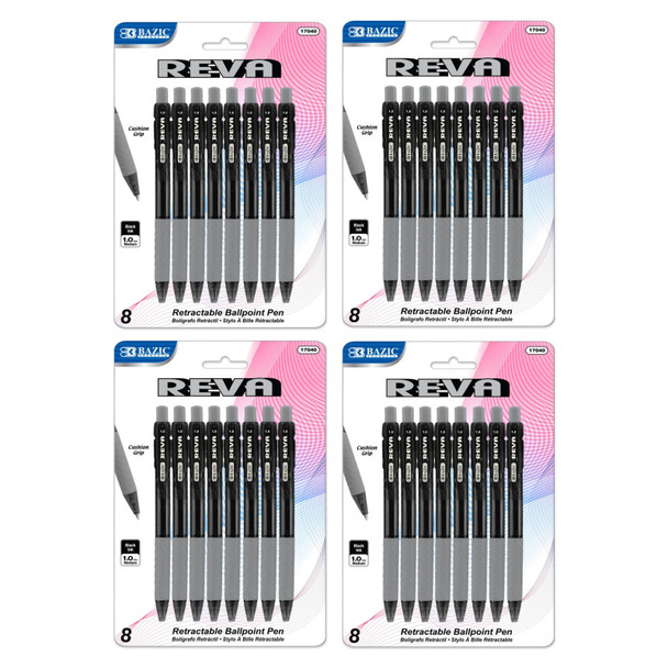 Reva Retractable Pens, 1.0 mm Medium Tip, Black Ink, 4 Packs of 8
