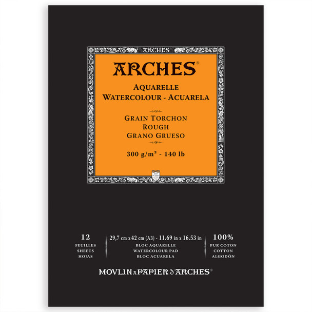 Arches Aquarelle Watercolor Paper Pad, Rough, Natural White, 140lb/300gsm, Glue Binding, 12 Sheet, 11.69x16.53 inch, 1 Count