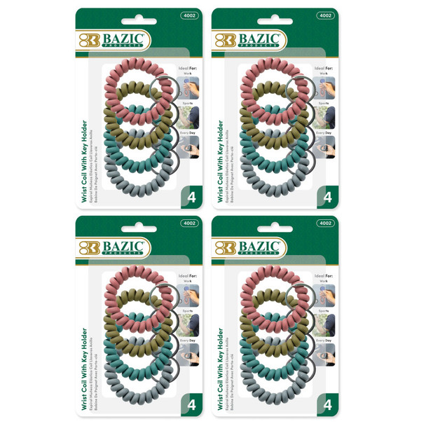 Wrist Coils with Key Holders, Assorted Colors, 4 Packs of 4