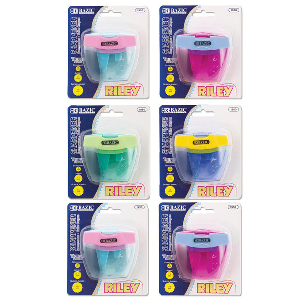 Riley Triple-Hole Pencil Sharpeners with Receptacle, Assorted Colors, 6-Pack