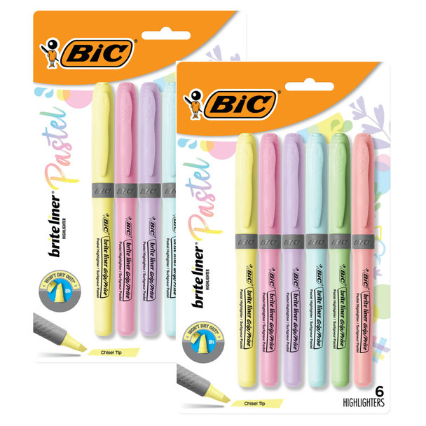 Brite Liner Grip Pastel Highlighters, Chisel Tip, Assorted Colors, 6 Count, Pack of 2