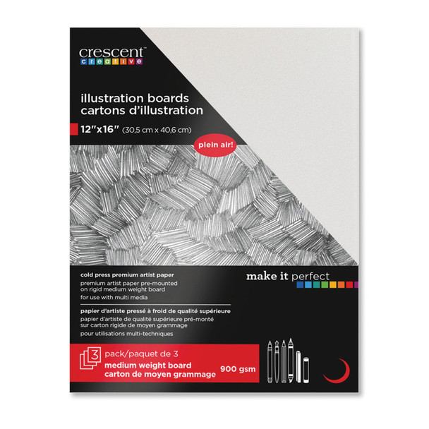 All-Purpose Cold Press Illustration Board, 12 x 16 in, White, 3-Pack