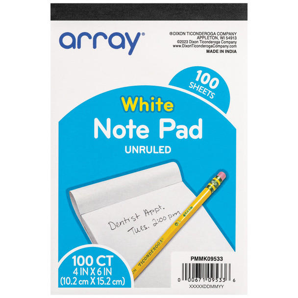 White Unruled Note Pad, 4" x 6", 100 Sheets