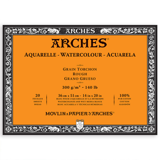 Arches Aquarelle Watercolor Paper Block, Rough, Natural White, 140lb/300gsm, 20 Sheet, 14x20 inch, 1 Count