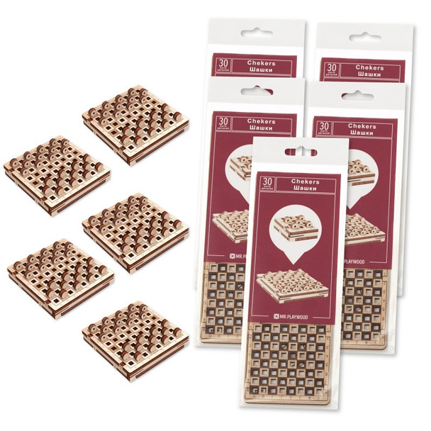 Travel Checkers Wooden Model Kits with Storage Box, Natural Wood, 5-Pack