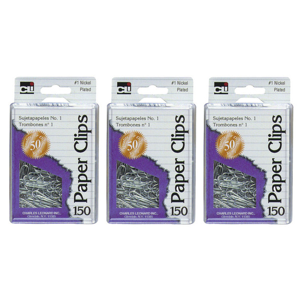 Paper Clips, Size #1, Pack of 150, Silver, 3 Packs