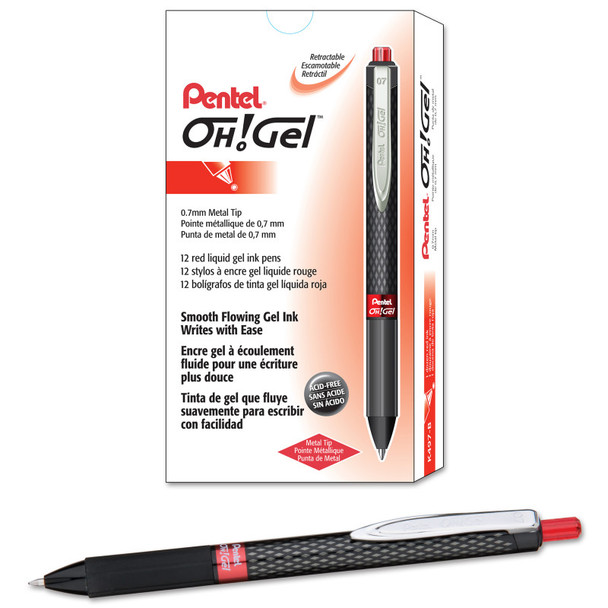 OH! Gel Retractable Gel Pen, Medium Line, Red Ink, 12 Pack