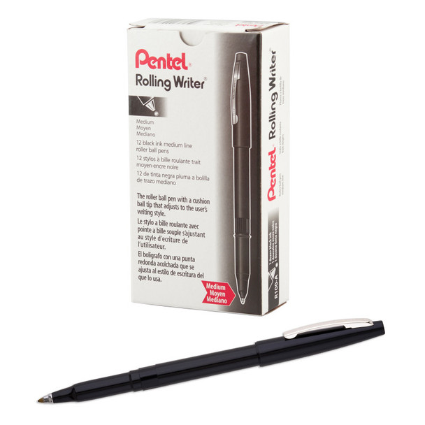 Rolling Writer Roller Ball Pen Medium Line, Black Ink, 12 Pack