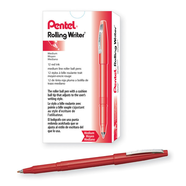 Rolling Writer Roller Ball Pen Medium Line, Red Ink, 12 Pack