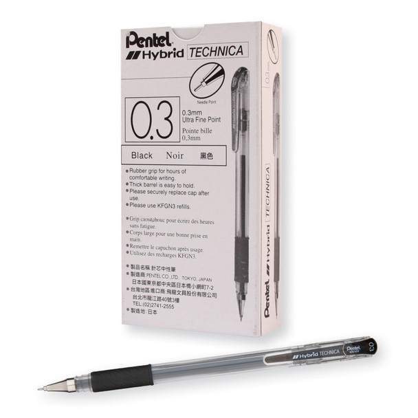 Hybrid Technica Gel Pens, Black, 0.3mm, 12 Pack