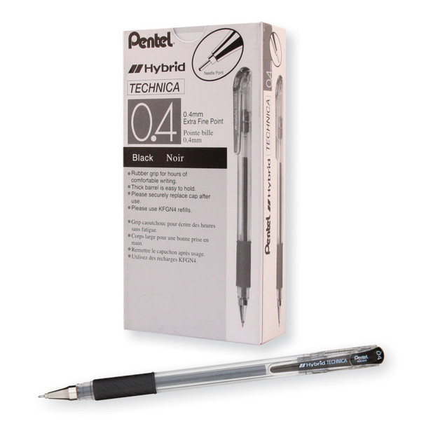 Hybrid Technica Gel Pens, Black, 0.4mm, 12 Pack