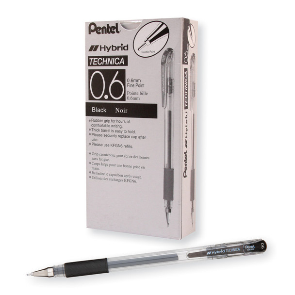 Hybrid Technica Gel Pens, Black, 0.6mm, 12 Pack