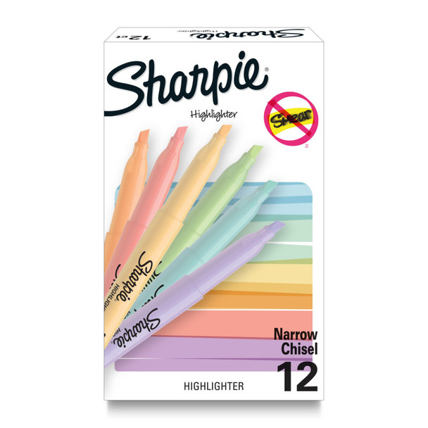 Sharpie® Pocket Highlighters, Mild Pastel Colors, Assorted, Chisel Tip, 12 Count