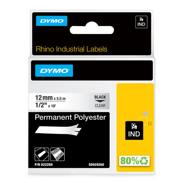 DYMO® Rhino Industrial Permanent Polyester Labels, 1/2", Black Print on Clear Tape