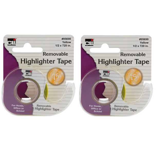 Removable Highlighter Tape, Yellow, 0.5x720 in, 2 Pack
