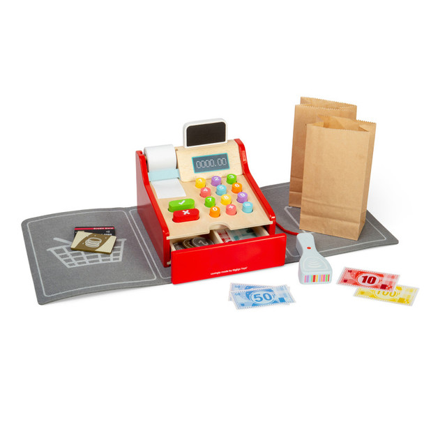 Wooden Pretend Play Shop Till with Scanner, Cash, Card, Conveyor Belt and Receipts, Ages 3+