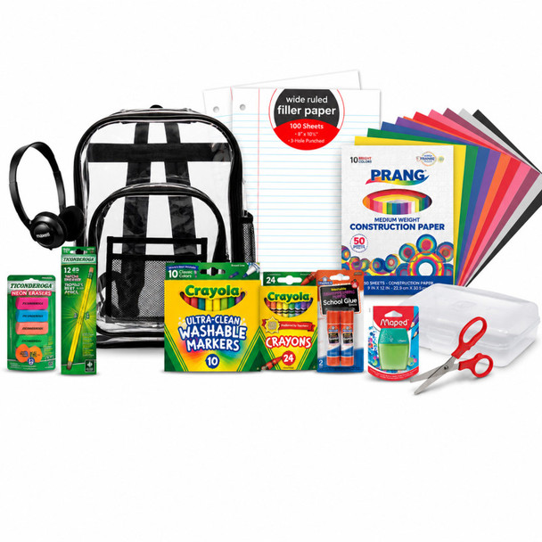 Grades 1-3 Back to School Supply Kit with Clear Backpack, Headphones, Art Supplies, Pencils, Paper & Storage