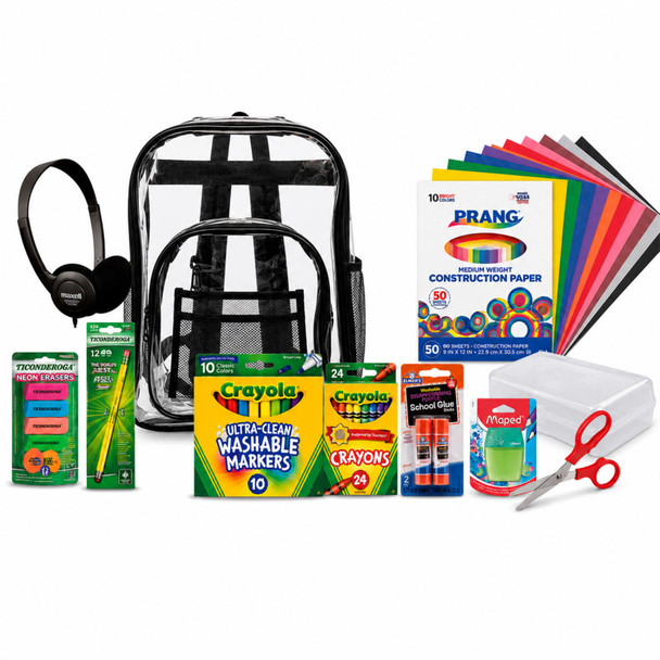 Kindergarten Back to School Supply Kit with Clear Backpack, Headphones, Pencils, Crayons, Markers, Paper & Storage