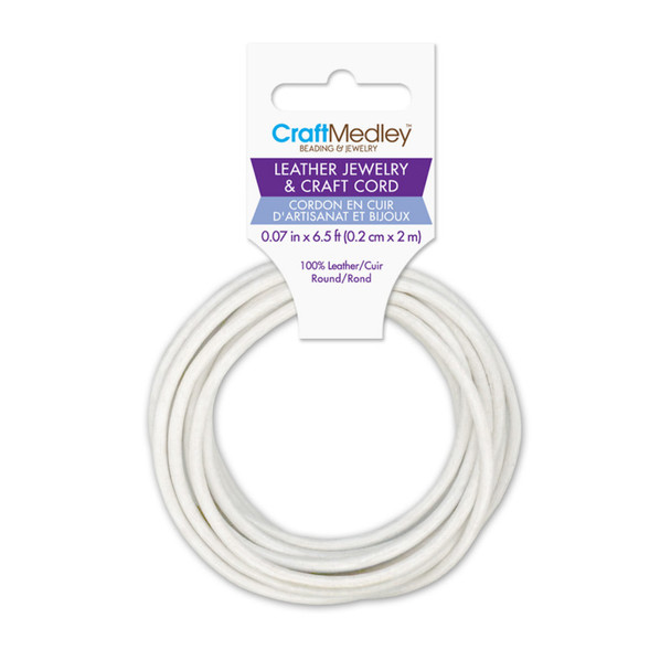 Round Leather Jewelry and Craft Cord, White, 2 mm x 2 m