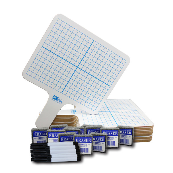 Two-Sided Rectangular Dry Erase Graphing Paddles, Pens, and Erasers, Class Pack of 12