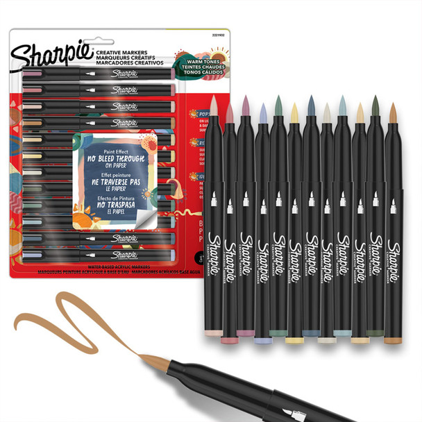 Creative Acrylic Markers, Brush Tip, Warm Tone Colors, 12 Count