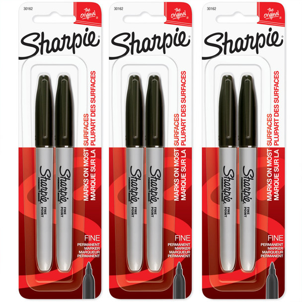 Fine Point Permanent Markers, Black, 3 Packs of 2, 6 Markers Total