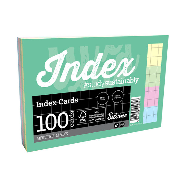 Square Grid Index Cards, 6 x 4 Inches, 4 Assorted Colors, 100 Cards