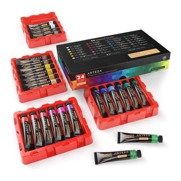 Gouache Paint Set with 24 Assorted Matte Colors, 12 mL Tubes