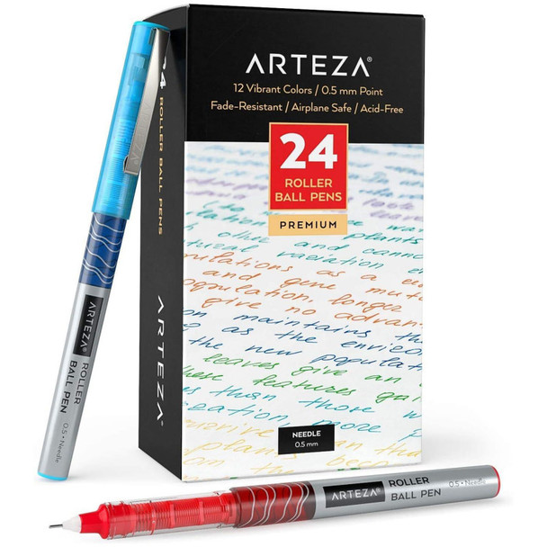 Rollerball Pen Set, 0.5 mm Needle Tips, 12 Assorted Colors, 24 Pens