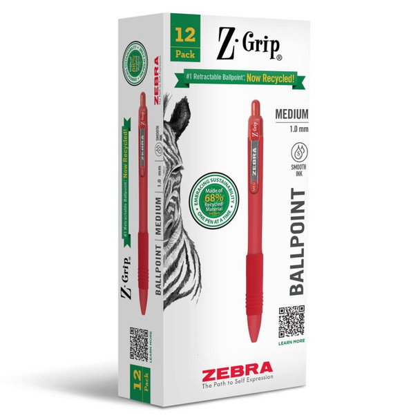 Z-Grip Recycled Retractable Ballpoint Pen, 1.0 mm, Red, 12-Pack