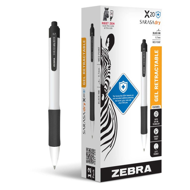 Sarasa Dry X20+ Antimicrobial Gel Retractable Pen, 0.7 mm, Black, 12-Pack