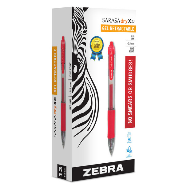 Sarasa Dry X20 Gel Retractable Pen, 0.5 mm, Red, 12-Pack
