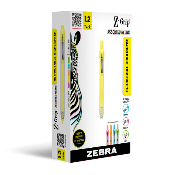 Z-Grip Retractable Highlighter, Assorted, 12-Pack