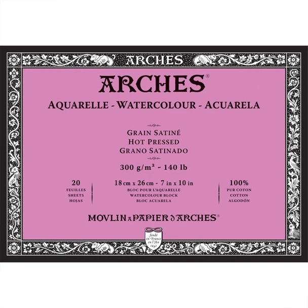 Aquarelle Watercolor Paper Block, Hot Press, Natural White, 140lb/300gsm, 20 Sheet, 7x10 inch, 1 Count