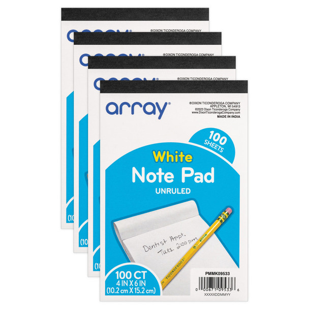 White Unruled Note Pad, 4" x 6", 100 Sheets, 4 Pack