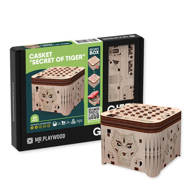 Secret Tiger Wooden Puzzle Lockbox Model Kit, 2.9 x 3.1 x 2.4 in, 89 Pieces