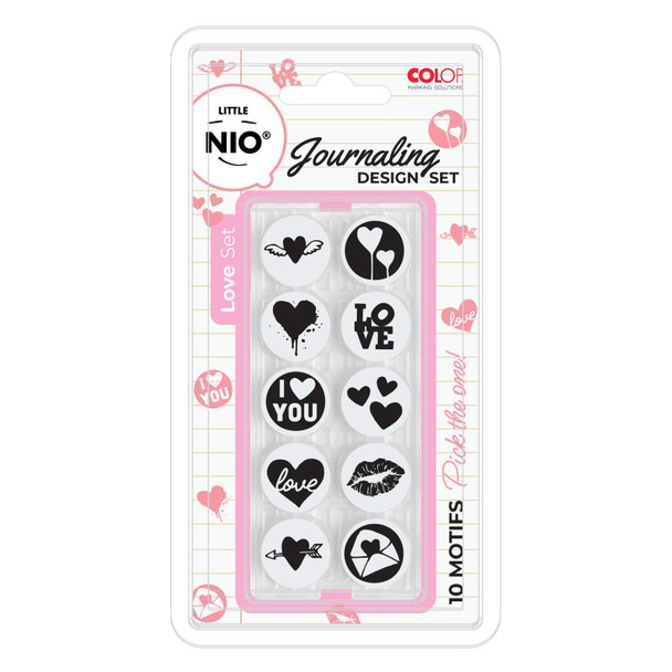 Little NIO Love Journaling Stamp Set, 10 Interchangeable Designs, 17 mm Round Imprint