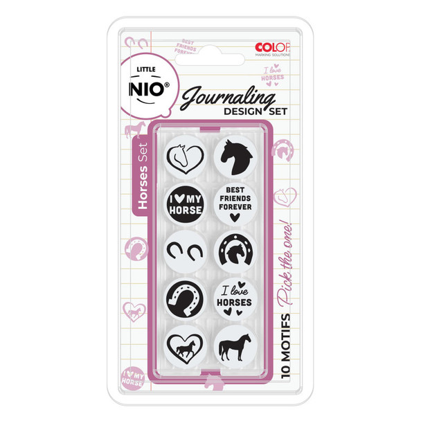 Little NIO Horses Journaling Stamp Set, 10 Interchangeable Designs, 17 mm Round Imprint
