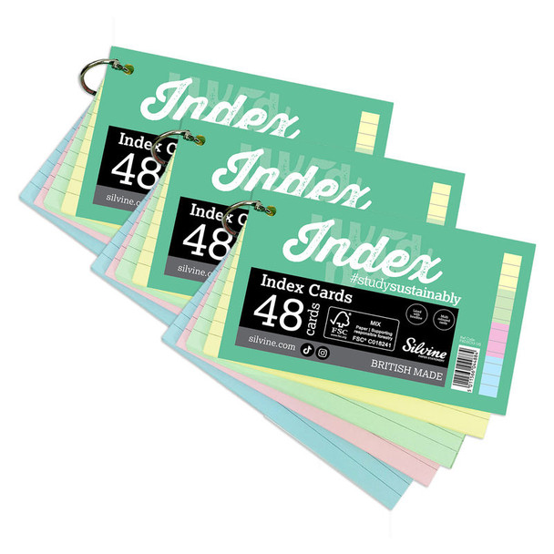 Ring-Bound Lined Index Cards, Landscape, 5 x 3 Inches, 4 Assorted Colors, 48 Cards, 3-Pack