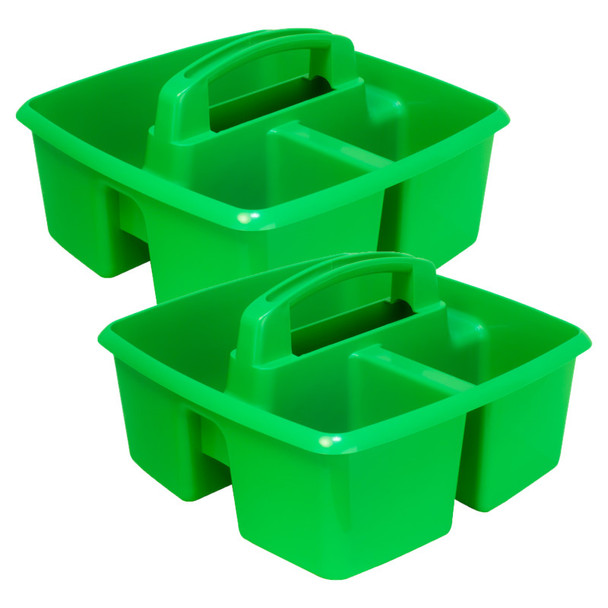 Small Three-Compartment Classroom Supply Caddy with Handle, Green, 2-Pack