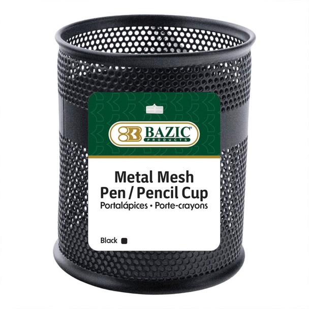 Black Metal Mesh Pen Cup Holder, Round Pencil Holder with Rolled Rim