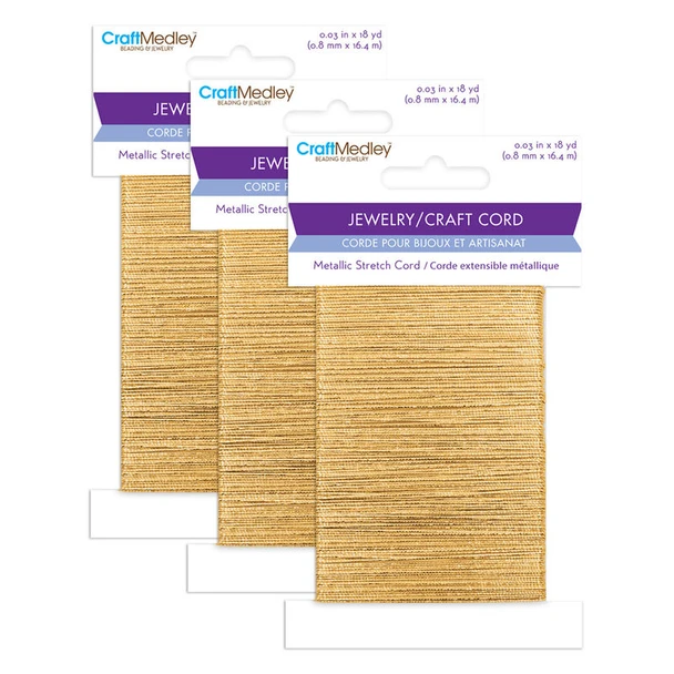 Metallic Stretch Jewelry and Craft Cord, Gold, 0.8 mm x 18 Yards, Set of 3