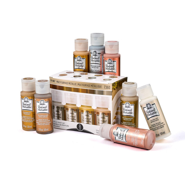 Radiant Metallic Acrylic Paint Set, 8 Count, 2 oz Bottles, Glossy Metallic Colors for Crafts and Decor
