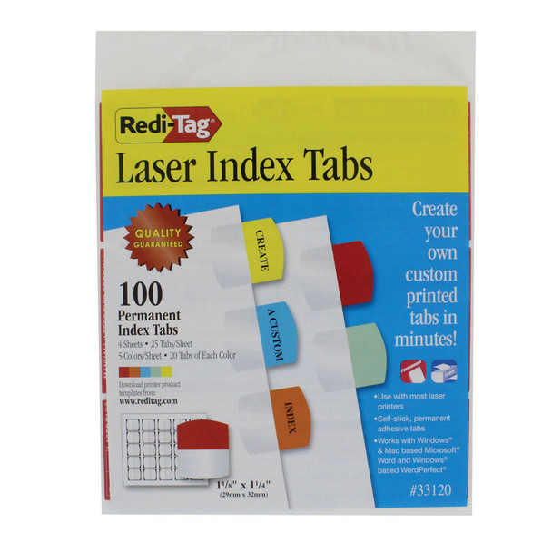 Laser-Printable Permanent Index Tabs, Assorted Colors, 1-1/8 x 1-1/4 in., 100 Count