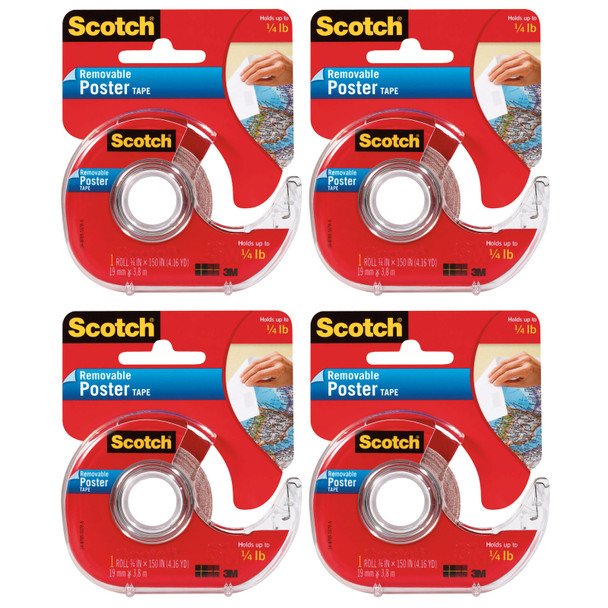 Removable Poster Tape with Dispenser, 3/4" x 150", Clear, Pack of 4