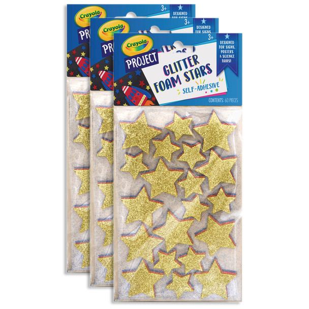 Foam Star Stickers, Assorted Glitter, 1" and 1.5", 60 Per Pack, 3 Packs