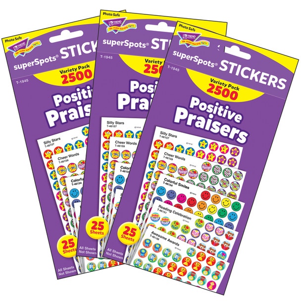 Positive Praisers superSpots Stickers Variety Pack, 2500 Per Pack, 3 Packs