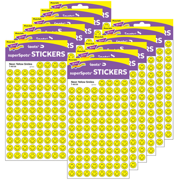 Neon Yellow Smiles superSpots Stickers, 800 Per Pack, 12 Packs